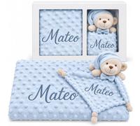 Pack Doudou + Manta Personalizados Nombre Bordado Regalo Recien Nacidos | Mantita Suave y Muñeco de Apego para Dormir Niño/a para Cuna y Carrito Baby Shower Osito Azul - Fabricado en España