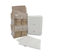 PACK ECO-LUXE: Dispensador Toallas ZZ Reciclado Blanco + 1800 Toallas Kraft 2 CAPAS + 2 Bayetas Ecológicas | Solución de Higiene 100% Sostenible