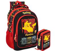 Pack Escolar 2 Piezas Niño Primaria Para Pokemon Fan (6-12 Años) - Mochila Ergonómica Gran Capacidad 43x33x20 cm y Estuche 3 Cremalleras Completo (46 Piezas)