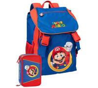 Pack Escolar 2 Piezas Niño Primaria Para Super Mario Fan (6-12 Años) - Mochila Ergonómica Gran Capacidad 29x41 cm y Estuche 3 Cremalleras Completo (45 Piezas)