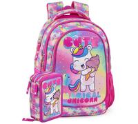 Pack Escolar 2pzs Niña Primaria (6-10 Años) - Mochila Ergonómica Gran Capacidad 43x33x20 cm y Estuche 3 Cremalleras Completo (45 Piezas) - Diseño Unicornio Julian Ross