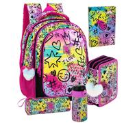 Pack Escolar 5 Piezas Niña - Mochila Ergonómica Primaria (6-12 Años), Estuche 3 Cremalleras Lleno, Agenda, Botella Térmica y Estuche Tubular - Set Regalo Vuelta al Cole (Shiny Mood)