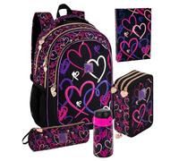 Pack Escolar 5 Piezas Niña - Mochila Ergonómica Primaria (6-12 Años), Estuche 3 Cremalleras Lleno, Agenda, Botella Térmica y Estuche Tubular - Set Regalo Vuelta al Cole (Lovely Vibes)
