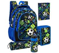 Pack Escolar 5 Piezas Niño - Mochila Ergonómica Primaria (6-12 Años), Estuche 3 Cremalleras Lleno, Agenda, Botella Térmica y Estuche Tubular - Set Regalo Vuelta al Cole (Goal Power)
