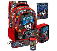 Pack Escolar 5 Piezas Niño - Mochila Ergonómica Primaria (6-12 Años), Estuche 3 Cremalleras Lleno, Agenda, Botella Térmica y Estuche Tubular - Set Regalo Vuelta al Cole (Gamer Squad)