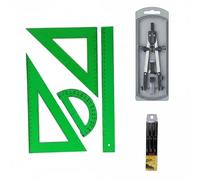 Pack Escolar - Escuadra - Cartabón - Regla - Semicírculo - Color Verde- Compas Articulado de Ajuste Rapido Adaptador Universal 17 cem. + Accesorios 32722-8
