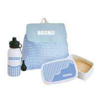 Pack Escolar Infantil Personalizado 3 Piezas - Mochila, Fiambrera y Botella de Aluminio con Diseño Cuadros Azules. Vuelta al Cole, Excursiones y Regalo Original para Niños. Kit Escolar Completo.