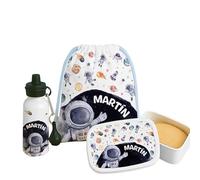 Pack Escolar Infantil Personalizado 3 Piezas - Mochila, Fiambrera y Botella de Aluminio. Vuelta al Cole, Excursiones y Regalo Original para Niños y Niñas. Kit Escolar Completo. (Astronauta)