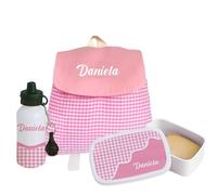 Pack Escolar Infantil Personalizado 3 Piezas - Mochila, Fiambrera y Botella de Aluminio. Vuelta al Cole, Excursiones y Regalo Original para Niños y Niñas. Kit Escolar Completo. (cuadros rosas)