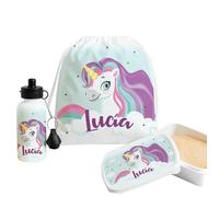 Pack Escolar Infantil Personalizado 3 Piezas - Mochila, Fiambrera y Botella de Aluminio. Vuelta al Cole, Excursiones y Regalo Original para Niños y Niñas. Kit Escolar Completo. (Unicornio)
