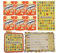 Pack escolar Lacasitos y Conguitos:6 blancos doypack 220g,carpeta,planificador magnético,lata maletín