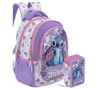 Pack Escolar Niña Primaria Ergonómica - Mochila Gran Capacidad 43x33x20 cm y Estuche 3 Cremalleras Completo (46 Piezas) - Para Stitch Fan (6-10 Años)