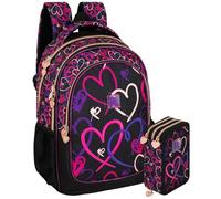Pack Escolar Niña Primaria - Mochila Ergonómica Gran Capacidad 43x33x20 cm y Estuche 3 Cremalleras Completo (46 Piezas) - Diseño Corazones "Lovely Vibes" (6-10 Años)