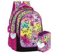 Pack Escolar Niña Primaria - Mochila Ergonómica Gran Capacidad 43x33x20 cm y Estuche 3 Cremalleras Completo (46 Piezas) - Diseño "Shiny Mood" con Llavero Pompón (6-10 Años)