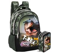 Pack Escolar Niño Primaria - Mochila Ergonómica Gran Capacidad 43x33x20 cm y Estuche 3 Cremalleras Completo (46 Piezas) - Diseño Dinosaurio T-Rex "Jungle Rex" (6-10 Años)