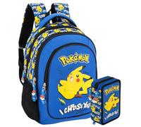 Pack Escolar Niño Primaria - Mochila Ergonómica Gran Capacidad 43x33x20 cm y Estuche 3 Cremalleras Completo (46 Piezas) - Diseño para Pokémon Fan (6-10 Años)
