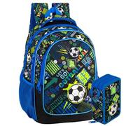 Pack Escolar Niño Primaria - Mochila Ergonómica Gran Capacidad 43x33x20 cm y Estuche 3 Cremalleras Completo (46 Piezas) - Diseño Fútbol "Goal Power" (6-10 Años)