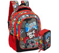 Pack Escolar Niño Primaria - Mochila Ergonómica Gran Capacidad 43x33x20 cm y Estuche 3 Cremalleras Completo (46 Piezas) - Diseño Videojuegos "Gamer Squad" (6-10 Años)