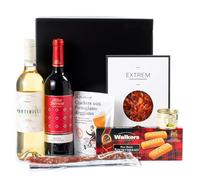 Pack Felicidades - Regalo Gourmet con Chorizo Ibérico de Bellota, Fuet de Vic, Mousse de Foie Gras, Crackers con Parmigiano-Reggiano, Galletas Shortbread, Vino Rioja y Verdejo