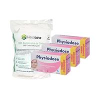Pack Fisiodosis 3+1 | 3 suero fisiológico 40 x 5 ml + 200 rectángulos de algodón Hexacare 8 x 10 cm | Higiene diaria para bebé | Formato económico