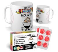 Pack Fútbol | Ser del Valencia Mola un Huevo + caramelos ValenciaForte | Taza de Desayuno F.C. Valencia | Regalo Original para Aficionados | Cosas para Regalo | Cerámica 350 ML