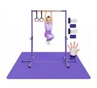 Pack Gimnasia Infantil Violeta | Colchoneta Gimnasia 200x140x1 cm + Barra Gimnasia Ajustable 90-150 cm + 2 Anillas | Fitness Entrenamiento Casa Yoga Equilibrio Gimnasia Antideslizante | Aerobik