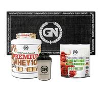 PACK GN NUTRITION: Proteina Whey 2 kg (Praline) + Creatina Mono 300 g + Shaker + Toalla | Con DigeZyme y Vitamina B6 | Creatina 100% Pura, Sin Gluten, Sabor Neutro