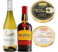Pack Gourmet Navidad | Vino Blanco 0,0 Disfrutando | Licor Beirão Portugués | Ostras en Escabeche Peperetes | Chipirones en su tinta | Regalo original sin alcohol