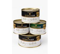 Pack Gourmet. Perdiz en Escabeche Especial 475 grs + Paté de Faisán artesano 150 gr + Paté de Pato artesano 150 gr + Paté de Perdiz artesano 150 grs. Regalo original.