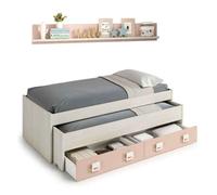 Pack habitación juvenil completa con cama con somieres (90×190/90×180) + armario + escritorio + estantería, color rosa, blanco y gris