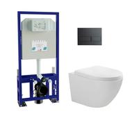 Pack Inodoro Suspendido Blanco Brillo y Cisterna Empotrada Autoportante con Pulsador Negro | Inodoro Suspendido Blanco Brillo Rimless Sin Borde de Fondo Reducido y Asiento Extrafino