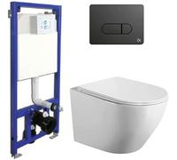 Pack Inodoro Suspendido + Cisterna Empotrada | Inodoro Empotrado con Fondo Reducido y Asiento Extrafino con Caida Amortiguada (Pack Wc Suspendido + Cisterna Empotrada + Pulsador Negro)