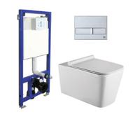 Pack Inodoro Suspendido con Cisterna Empotrada con Pulsador Cromo | Wc Inodoro Suspendido Cuadrado Rimless Sin Bridas de Fondo Reducido y Asiento Extrafino con Caída Amortiguada + Cisterna + Pulsador