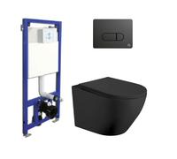 Pack Inodoro Suspendido Negro Mate y Cisterna Empotrada con Pulsador Negro Mate | Inodoro Suspendido Negro Mate Rimless Sin Borde de Fondo Reducido y Asiento Extrafino con Caída Amortiguada