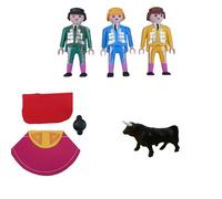 Pack Juguetes taurinos - Set Toreros Playmobil customizados | 3 clics + Toro + Accesorios | Capote, muleta y montera | Hecho a Mano | Ideal para Jugar o Regalar