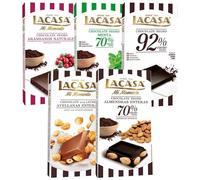 Pack Lacasa 5 deliciosas tabletas de chocolate:leche avellana 200gs, arandanos, menta,cacao 92%, almendra