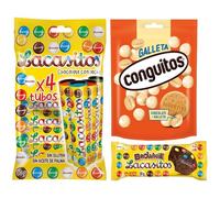 Pack Lacasitos 4 tubos 20 g,Conguitos galleta blanco doyp 120g,Lacasitos brownie 50g