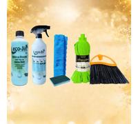 PACK LIMPIEZA ECO-JIN MULTISUPERFICIES FORMADO POR FREGONA TREPADORA + ESCOBA PARA ZÓCALOS RODAPIÉS Y ALTILLOS + DIFUSOR + BAYETA Y ESTROPAJO CON ESPONJA (SPA - Frescor)