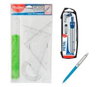 Pack Lote 6 piezas Escuadra Cartabon regla 30 cm Mape y transportador de angulos - Set dibujo técnico + Compás Bigotera Regla 20 cm flexible + REGALO Bolígrafo INOXCROM B55 FIESTA