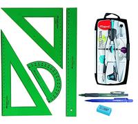 PACK LOTE Juego técnico Verde Faber Castell 65021 escuadra, cartabón, regla y semicírculo + 1 unidad de Bigotera Compás Mape Precision System 291010 (Colores Surtidos) con Adaptador + REGALO