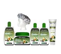 Pack Mantenimiento Stratti Aguacate & Keratina con Manteca de Karité 6 productos - Champú sin sal + Mascarilla + Acondicionador + Crema de Peinar + Carga de tratamiento + Gorra térmica