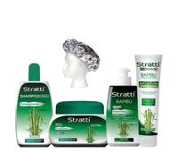Pack Mantenimiento Stratti Bambú & Keratina 5 productos - Champú sin sal + Mascarilla + Crema de peinar + Carga de tratamiento + Gorra térmica