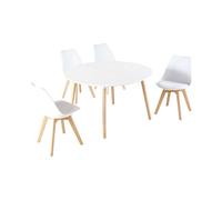 Pack mesa y 4 sillas comedor estilo nórdico moderno salón color blanco y roble patas madera