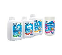 Pack Mini Piscinas Cloro 5 acciones 1kg + Reductor pH + Alguicida Larga Duración + Floculante 1 litro