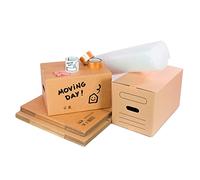 Pack Mudanza Easy con 5 cajas cartón con asas 50x30x30 cm, 5 cajas cartón con asas 43x30x25 cm, 1 rollo plástico burbujas, 1 cinta adhesiva para embalar, 2 etiquetas frágil y 10 identificativas