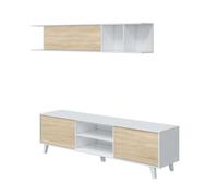 Pack muebles para salón completo color blanco y roble (mueble de salón + aparador + mesa de centro elevable)