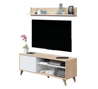 Pack muebles salón nórdico blanco y roble completo (mueble tv + aparador + vitrina + mesa comedor + mesa centro)