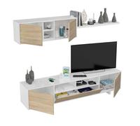 Pack muebles salón roble canadian y blanco (mueble salón + mesa centro elevable + mesa comedor extensible)