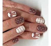 Pack Of 24 Short Square Glossy False Nails Autumn Winter Coffee Brown Bowknot Checkered White Polkas Dots ABS Materials Artificial Nails Comfortable Fit Fake Nail