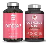 Pack Omega 3 & Coenzima Q10 - Omega 3 Capsulas 2000 mg a Base de Aceite de Pescado - Coenzima Q10 200mg mejora la Energía y Salud Cardiovascular, coq10 con con Vitamina E (120caps)